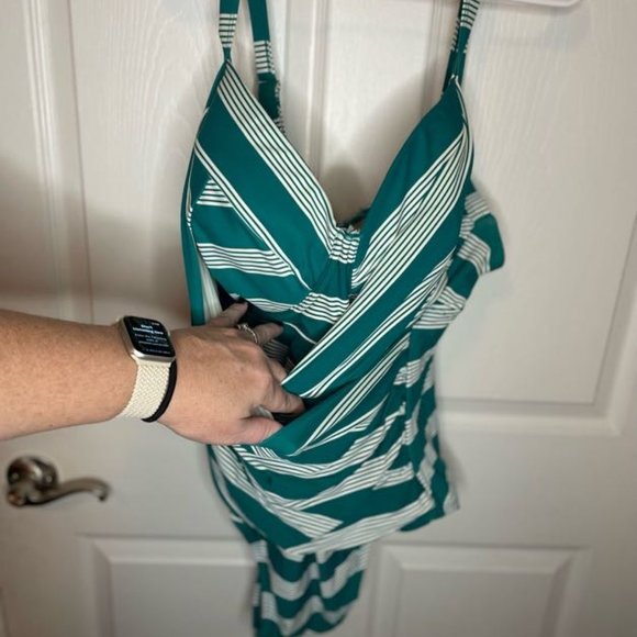 Green Striped One-Piece Swimsuit with Criss-Cross Bodice - Picture 5 of 6